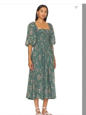 Free People Green Floral Square-Neck Midi Dress